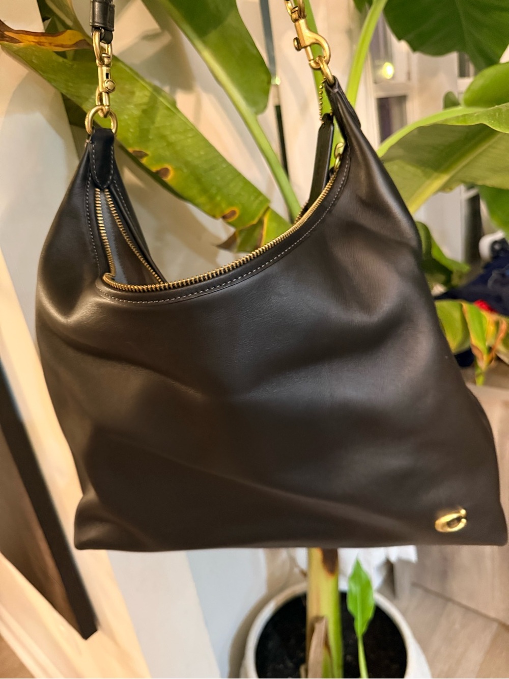 Coach Black Leather Shoulder Bag with Gold Hardware